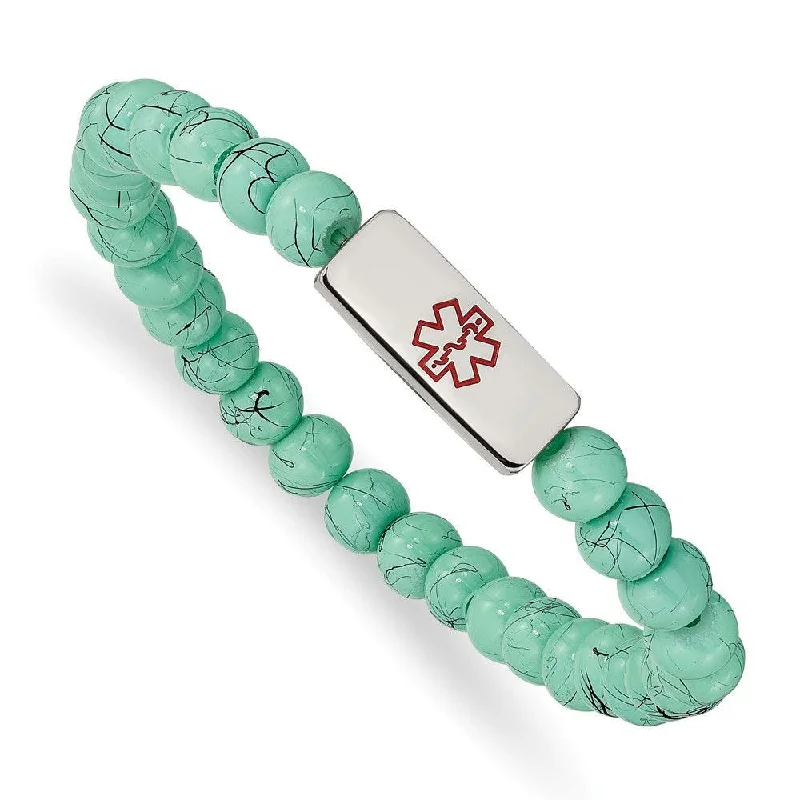 Ladies Bracelets for Loving Moms-Stainless Steel Polished Medical ID Turquoise Glass Stretch Bracelet