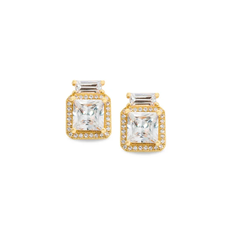 Boho Earrings -Gold Finish Sterling Silver Micropave Princess Cut Earrings with 52 Simulated Diamonds