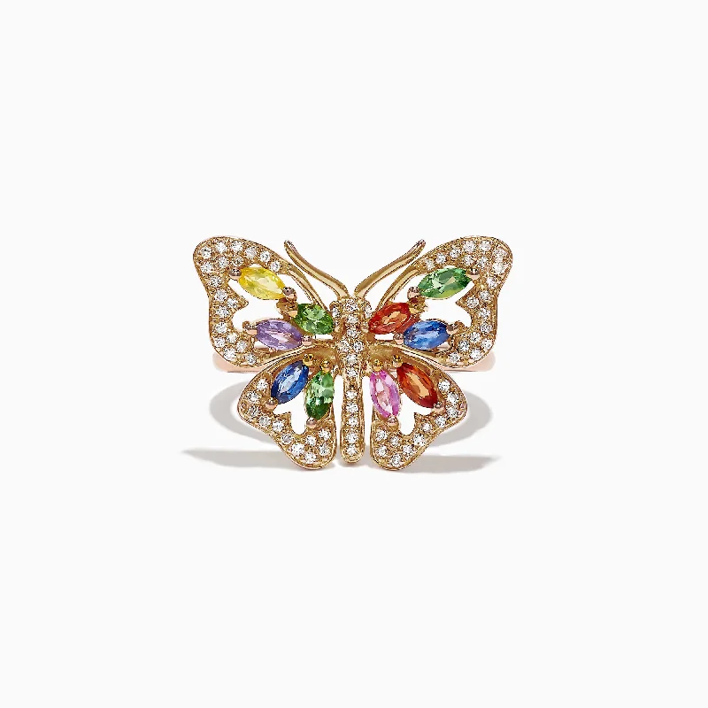 Anniversary Rings -Watercolors 14K Gold Multi Sapphire Diamond Butterfly Ring, 2.62 TCW