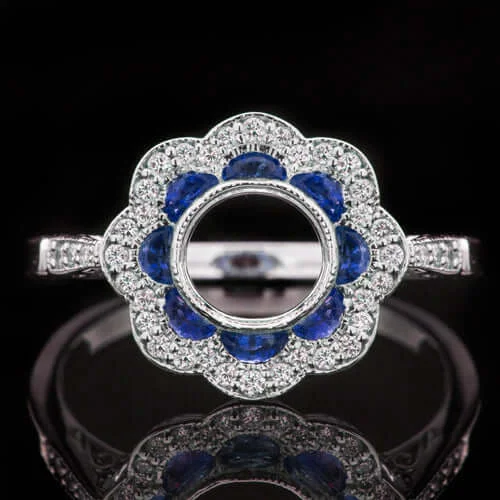 Domed Design Engagement Rings -BLUE SAPPHIRE DIAMOND VINTAGE STYLE ENGAGEMENT RING SEMI MOUNT SETTING FLORAL