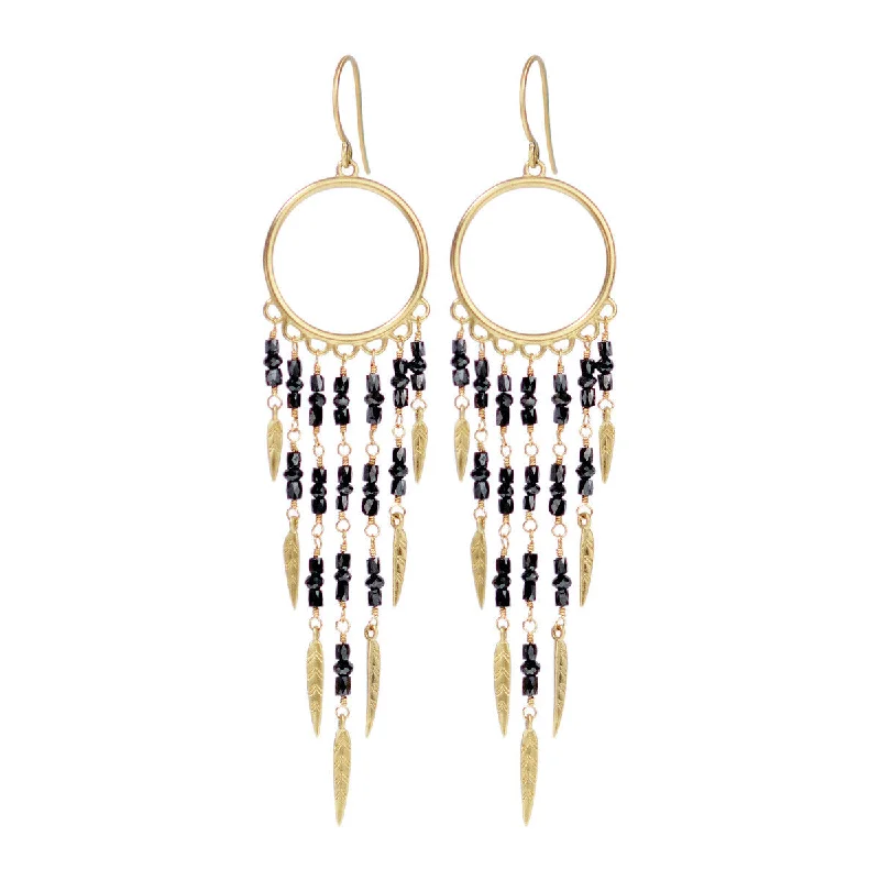 Beach Earrings -18K Gold Dream Catcher Earrings with Black Diamonds