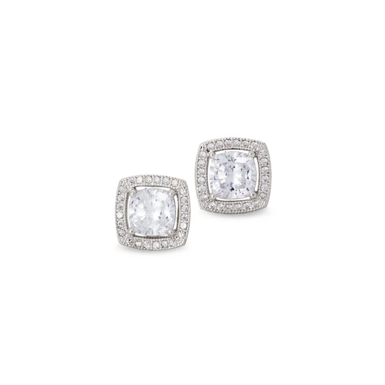 Titanium Earrings -Platinum Finish Sterling Silver Micropave Cushion Cut Earrings with 50 Simulated Diamonds