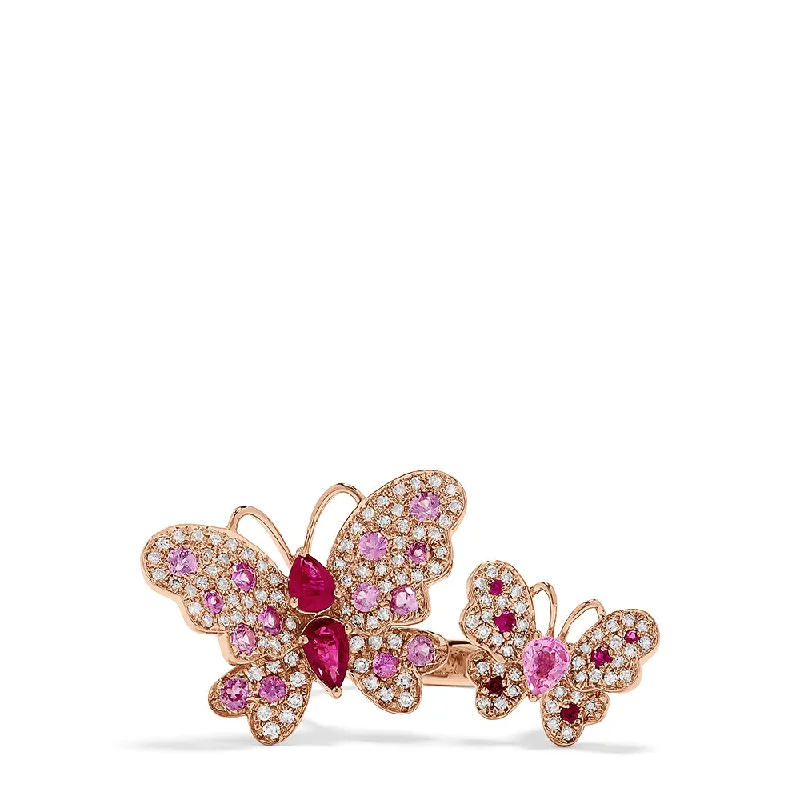 Braided Rings -Nature 14K Rose Gold Ruby, Sapphire & Diamond Butterfly Ring, 1.81 TCW