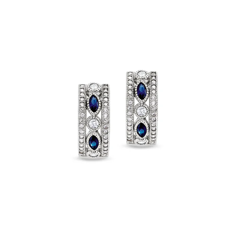 Heart Earrings -Platinum Finish Sterling Silver Micropave Vintage Huggie Earrings with Synthetic Blue Sapphire & 70 Simulated Diamonds