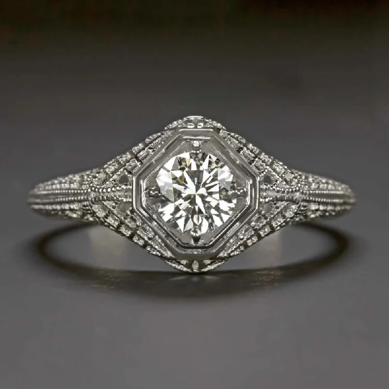 Tree Symbol Engagement Rings -EXCELLENT CUT G VS2-SI1 DIAMOND ENGAGEMENT RING PLATINUM VINTAGE STYLE FILIGREE