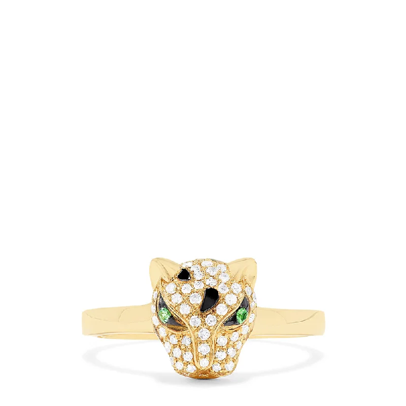 Club Rings -14K Yellow Gold Diamond and Tsavorite Panther Ring, 0.25 TCW