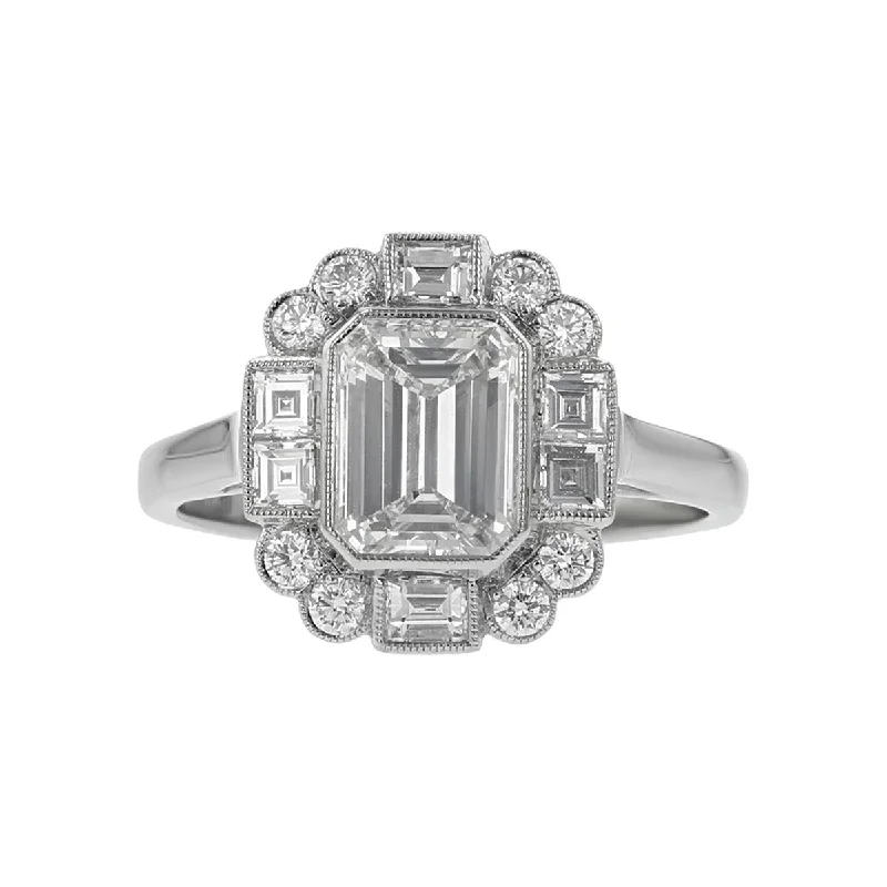 Symmetrical Design Engagement Rings -Platinum Emerald-cut Diamond Halo Engagement Ring