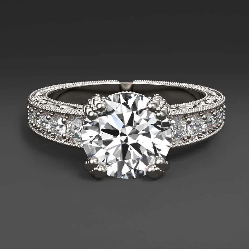 Initial Carved Engagement Rings -1.80ct LAB CREATED DIAMOND VINTAGE STYLE ENGAGEMENT RING CERTIFIED WHITE GOLD