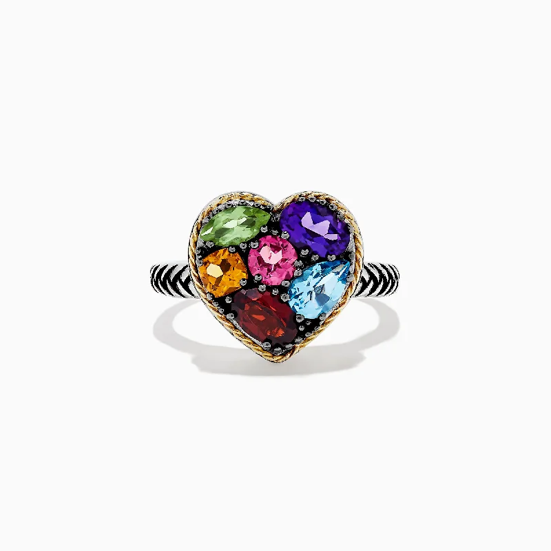 Pear Cut Rings -925 Sterling Silver & 18K Gold Multi Gemstone Heart Ring, 2.19 TCW