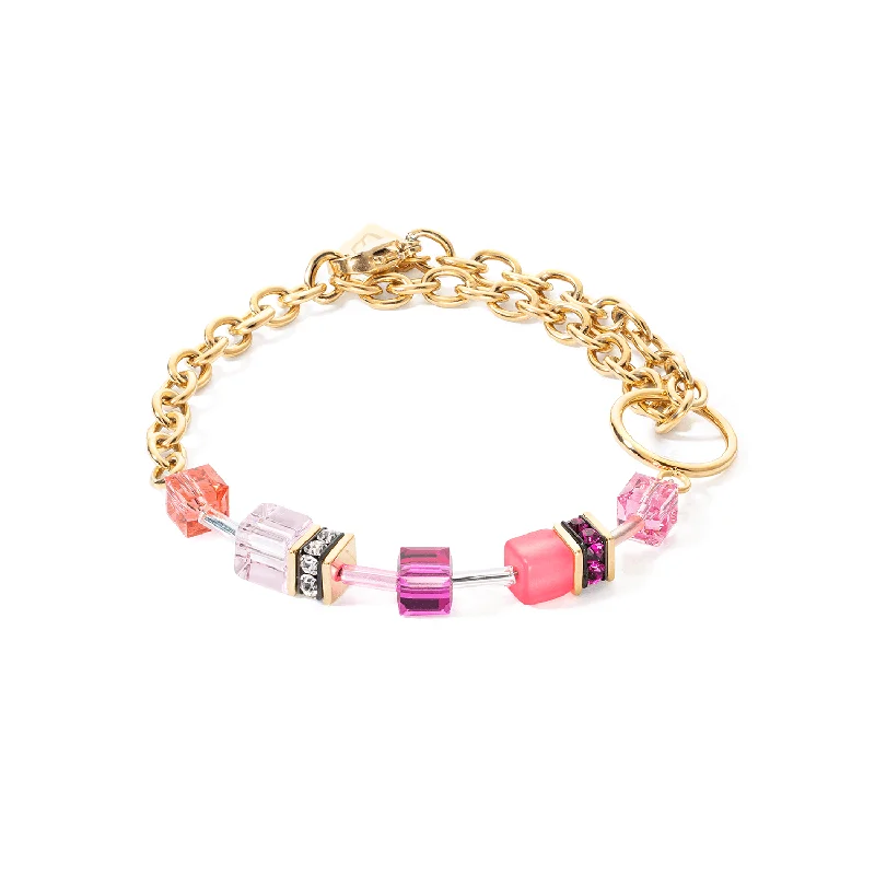 Ladies Bracelets with Black Onyx-Coeur De Lion GeoCUBE® Iconic Gold Magenta Chain Bracelet