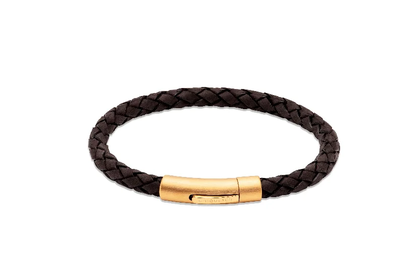 Ladies Bracelets Globe Band-Unique & Co Black Leather Bracelet with Matte Gold IP Steel Clasp