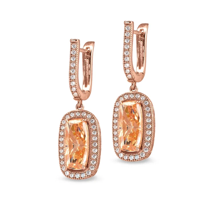 Birthday Earrings -Rose Gold Finish Sterling Silver Micropave Earrings with Light Champagne Colored Stone and Simulated Diamonds