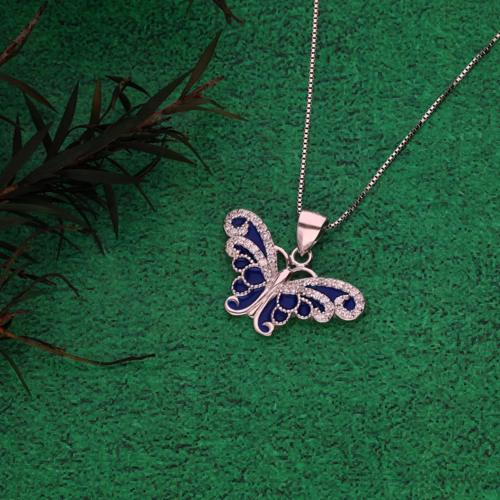 Ladies Necklaces for Lawyers-Sterling Silver 925 Necklace (Chain with Cubic Zirconia Blue Butterfly Pendant) - FKJNKLSL8600