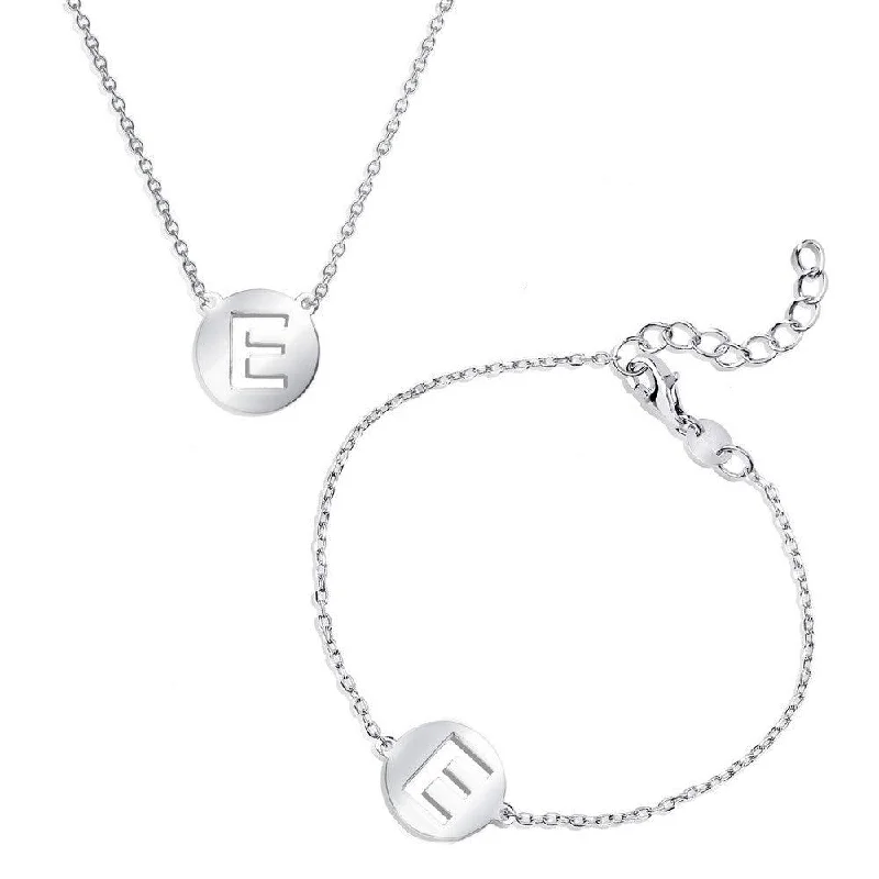 Ladies Bracelets Compass Band-Sterling Silver Shiny 'E' Disc Initial Bracelet and Necklace Set