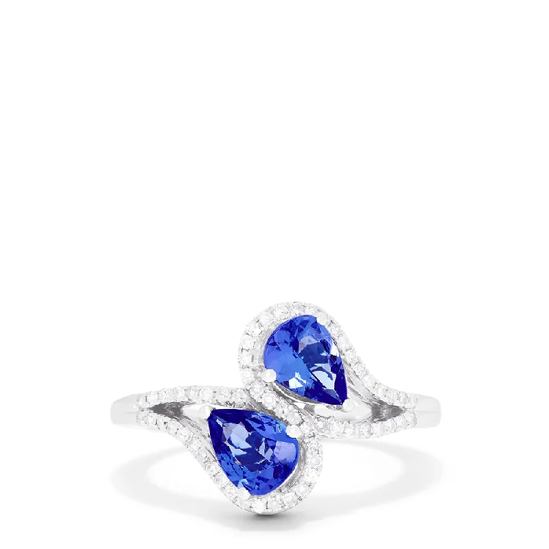 Horoscope Rings -14K White Gold Pear Cut Tanzanite and Diamond Ring, 0.74 TCW