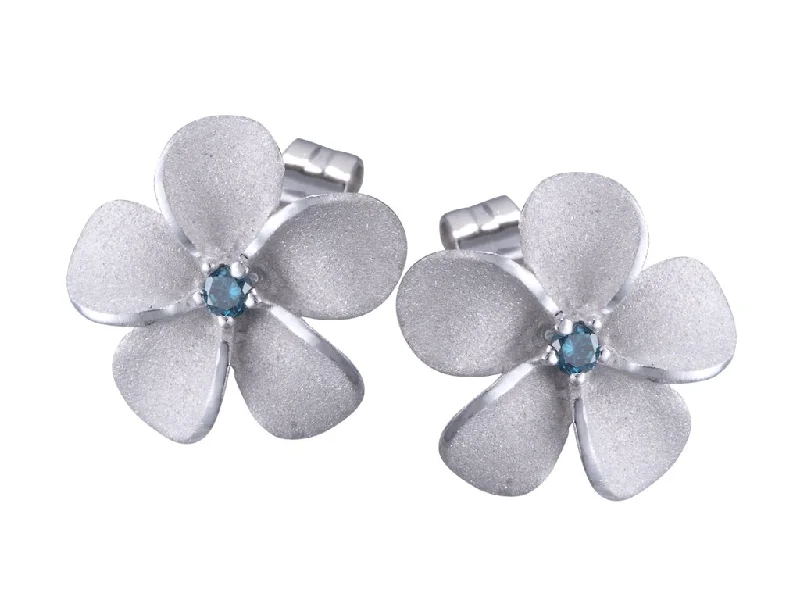 Anniversary Earrings -Plumeria Stud Earrings with Blue Diamonds