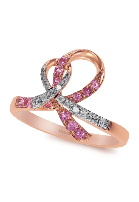 Emerald Rings -14K Rose Gold Pink Sapphire and Diamond Breast Cancer Awareness Ribbon Ring, 0.38 TCW