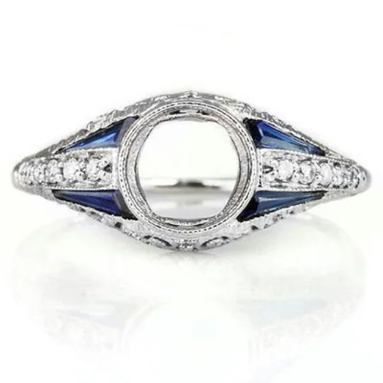 Fantasy Theme Engagement Rings -VINTAGE STYLE ART DECO DIAMOND SAPPHIRE 6mm BEZEL SETTING ENGAGEMENT RING ROUND