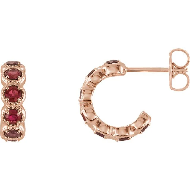 14KT GOLD 1.26 CTW ROUND RUBY J HOOP EARRINGS