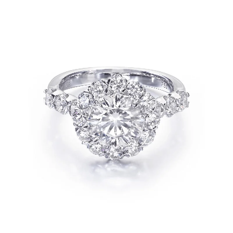 Bar Set Engagement Rings -Round Crisscut Diamond Halo Engagement Ring