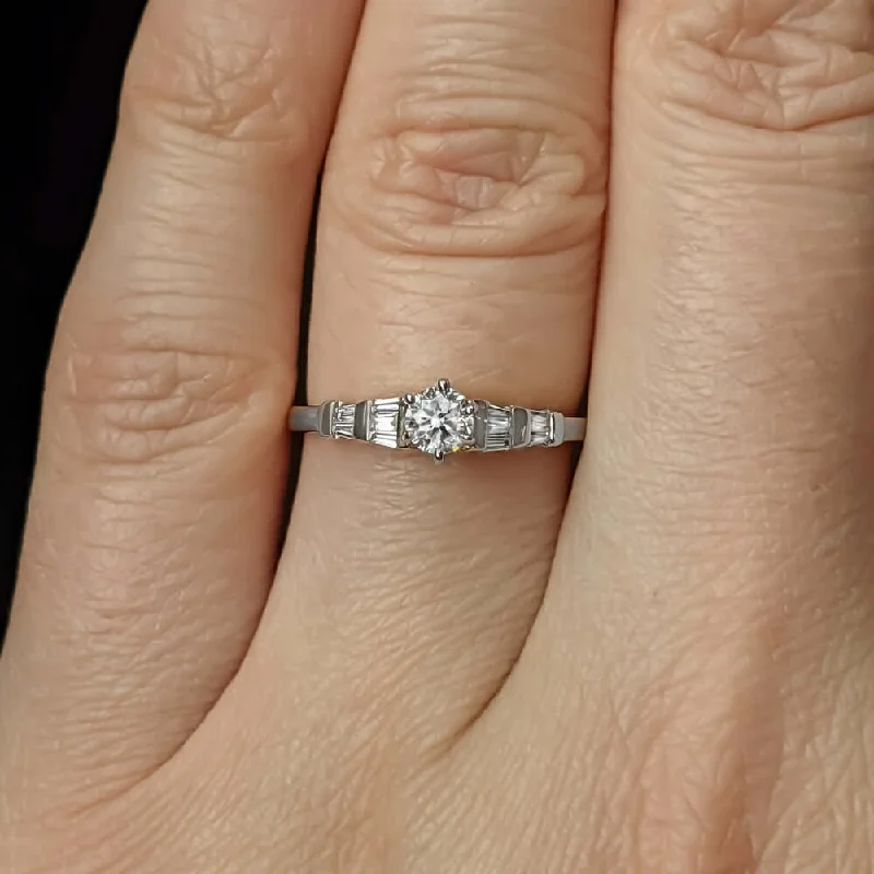 Double Band Engagement Rings -1/2CT ROUND DIAMOND ENGAGEMENT RING G VS CENTER 18K WHITE GOLD BAGUETTE COCKTAIL