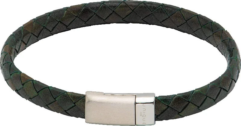 Ladies Bracelets with Red Pyroxmangite-Unique & Co Matte & Polished Magnetic Steel Clasp Dark Green Leather Bracelet