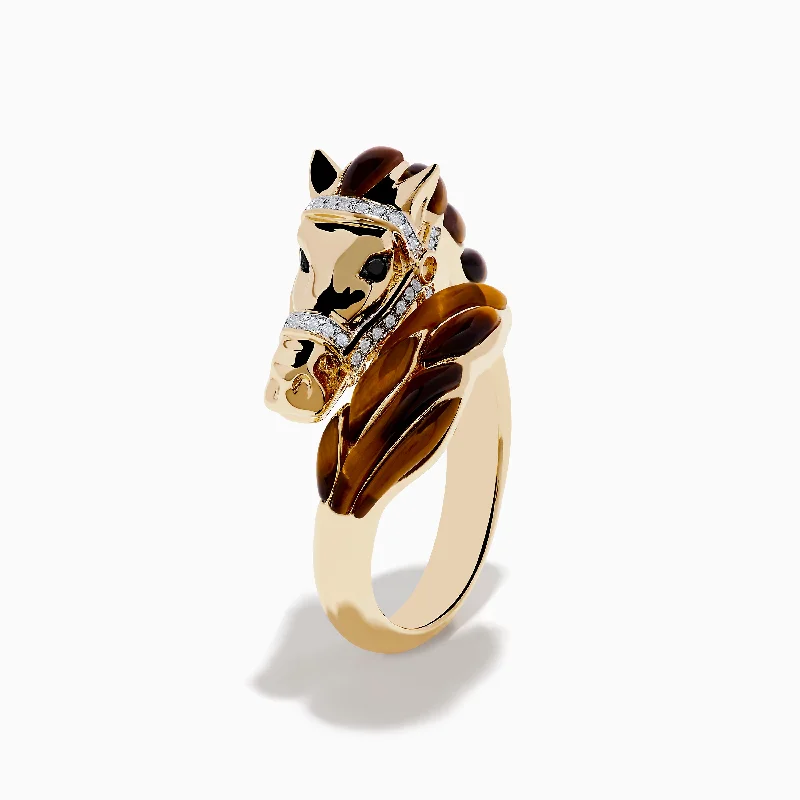 Horoscope Rings -14K Yellow Gold White and Black Diamond Tiger Eye Horse Ring