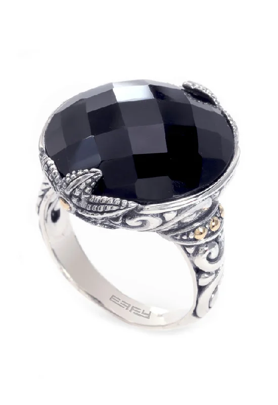 Swarovski Rings -925 Sterling Silver and 18K Yellow Gold Onyx Ring, 12.65 TCW