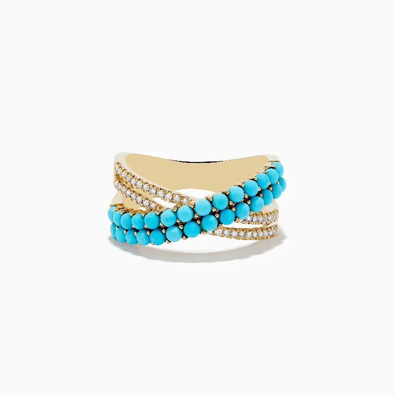 Industrial Rings -14K Yellow Gold Turquoise and Diamond Criss Cross Ring