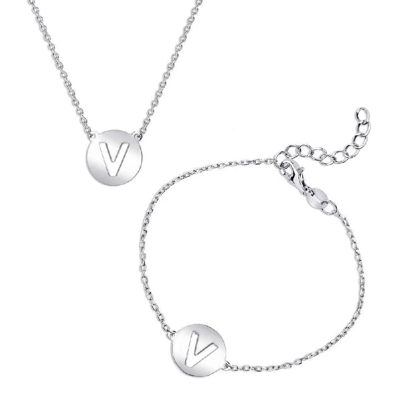 Ladies Bracelets Anchor Band-Sterling Silver Shiny 'V' Disc Initial Bracelet and Necklace Set