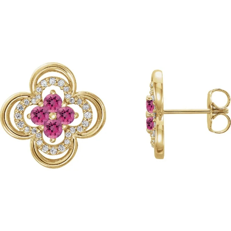 Abstract Earrings -14KT GOLD 0.32 CTW PINK TOURMALINE & 1/5 CTW DIAMOND CLOVER EARRINGS