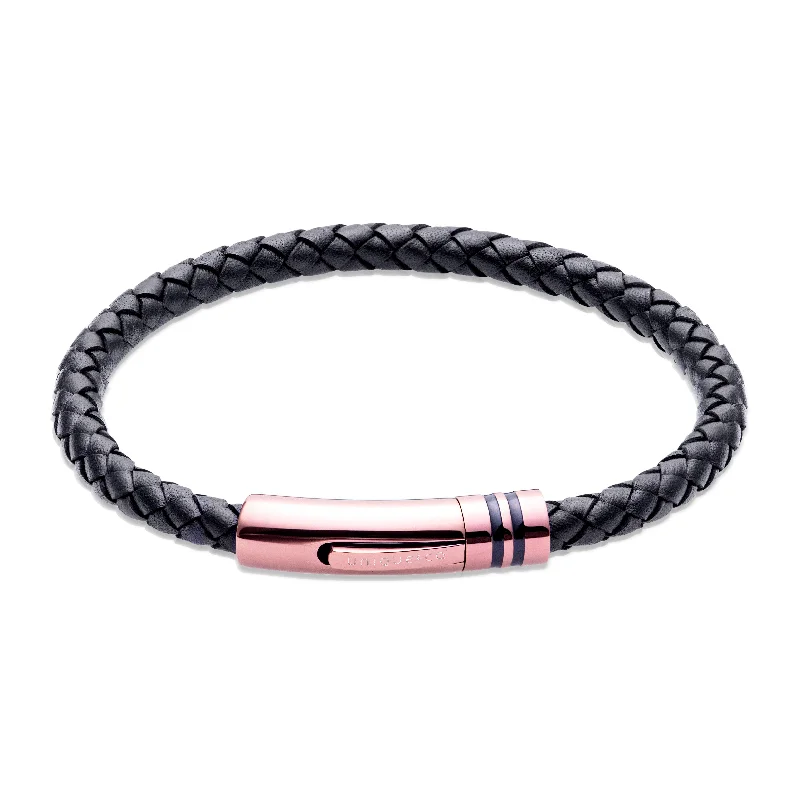 Ladies Bracelets for Researchers-Unique & Co Black Leather Bracelet with Brown IP Steel Clasp