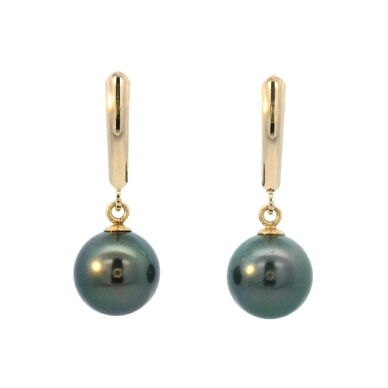 Amethyst Earrings -Tahitian Pearl Leverback Dangle Earrings in Yellow Gold