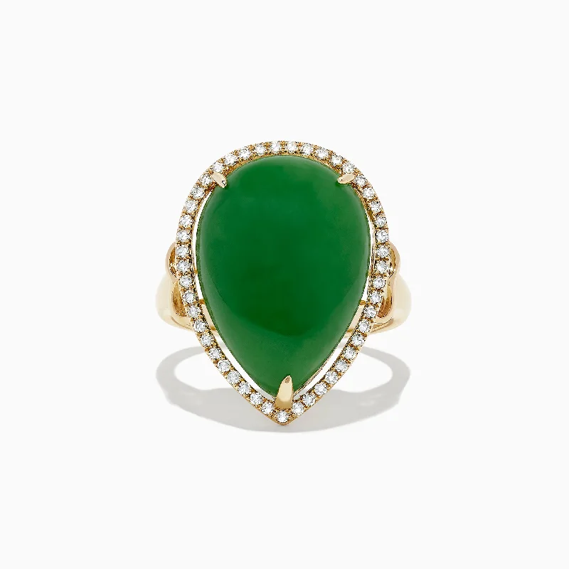 Cluster Rings -14K Yellow Gold Jade and Diamond Cocktail Ring, 14.08 TCW