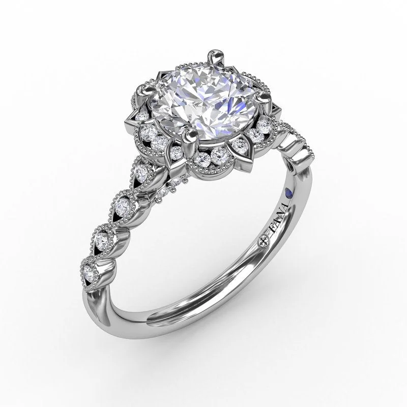 Engraved Band Engagement Rings -Fana Round Diamond Engagement With Floral Halo and Milgrain Details 3311