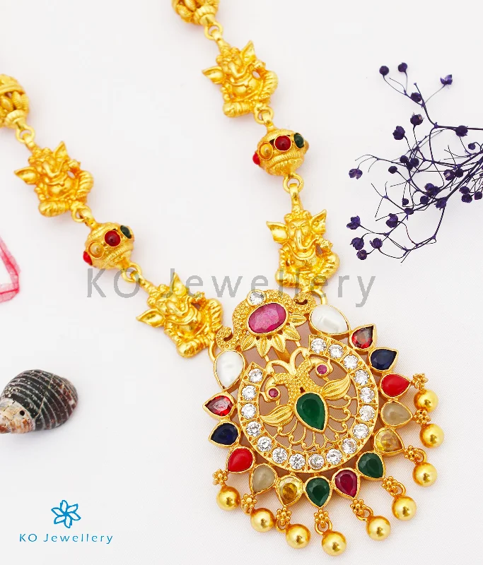 Ladies Necklaces for Writers-The Atharva Silver Navratna Peacock Necklace