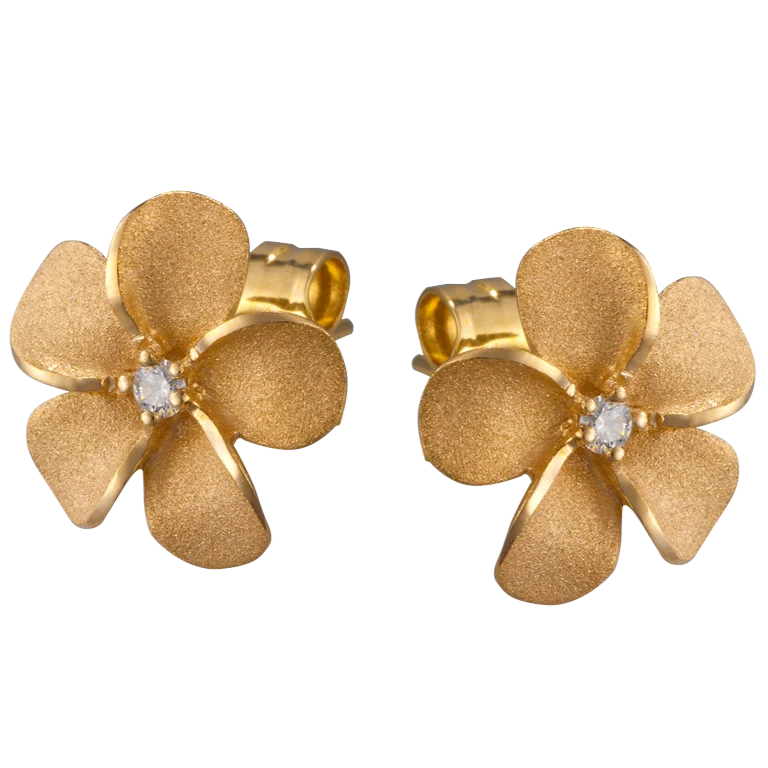 Birthday Earrings -Plumeria Stud Earrings in Yellow Gold