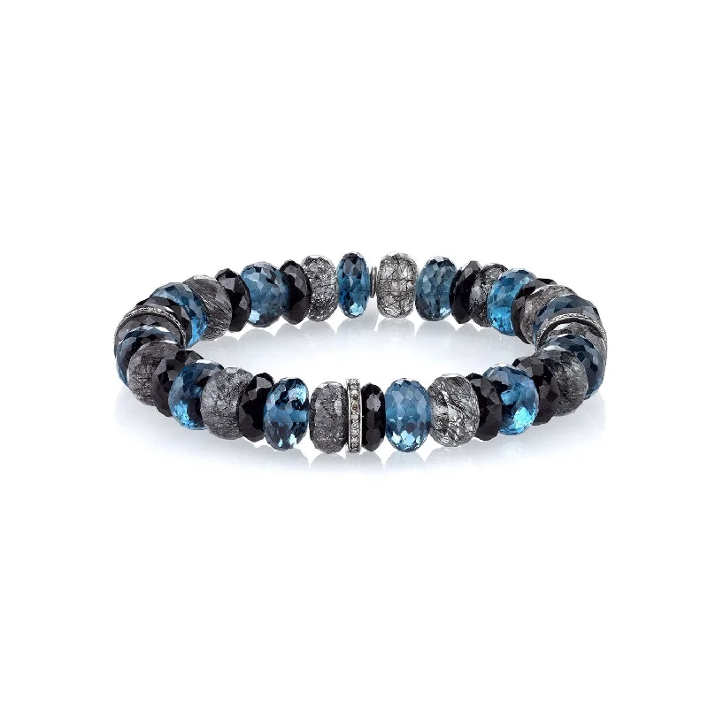 Ladies Bracelets Flame Band-Mixed London Blue Topaz Bracelet With Three Diamond Rondelles  B0001953