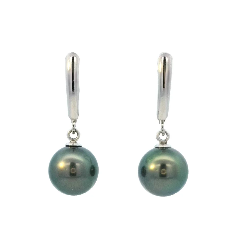 Statement Earrings -Tahitian Pearl Leverback Dangle Earrings in White Gold