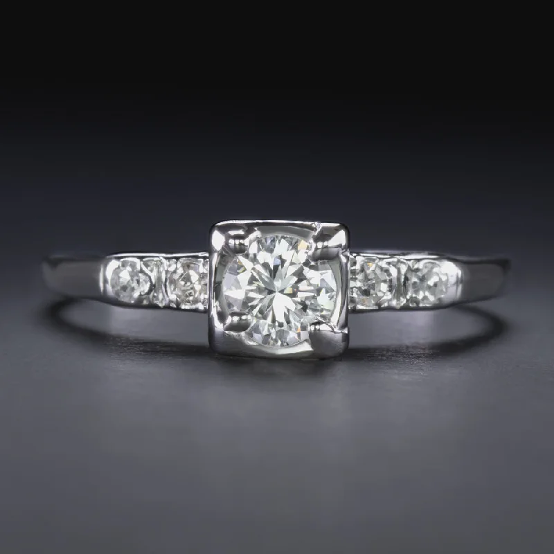 Petite Diamond Engagement Rings -VINTAGE F-G VS DIAMOND ENGAGEMENT RING 14K WHITE GOLD ROUND CUT ESTATE CLASSIC