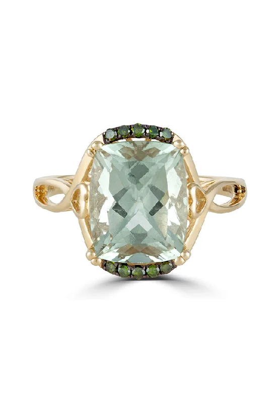 Narrow Rings -14K Yellow Gold Green Amethyst and Diamond Ring, 3.73 TCW