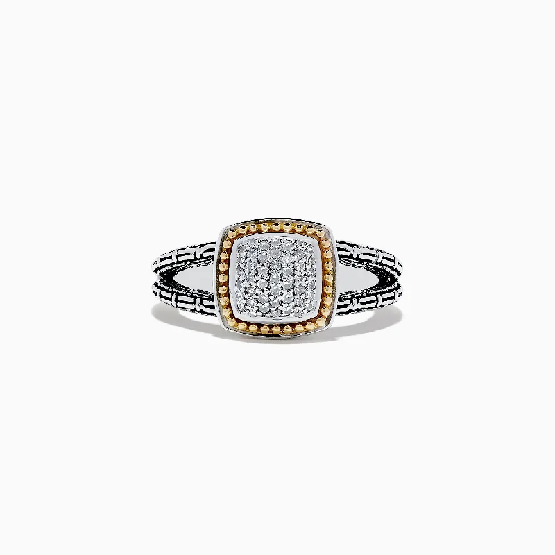 Cushion Cut Rings -925 Sterling Silver & 18K Gold Diamond Split Band Ring, 0.18 TCW