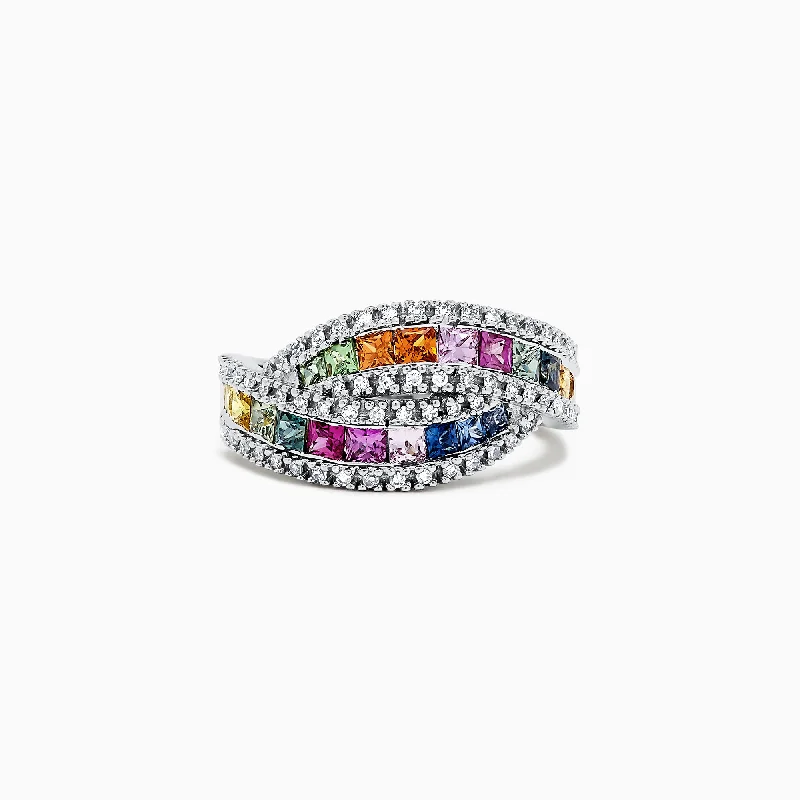 Victorian Rings -Watercolors 14K White Gold Multi Sapphire and Diamond Ring, 1.95 TCW