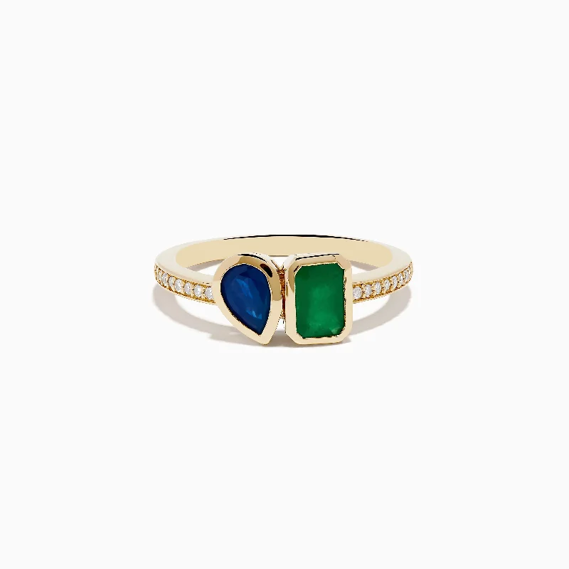 Geometric Rings -14K Yellow Gold Emerald and Sapphire Toi Et Moi Diamond Ring