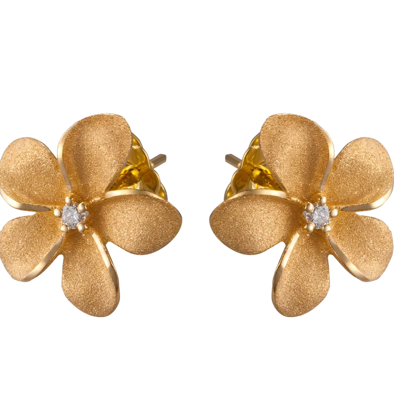 Jade Earrings -Plumeria Stud Earrings in Yellow Gold