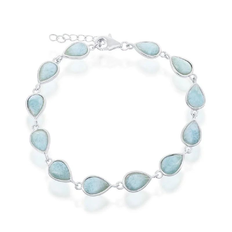 Ladies Bracelets Leaf Pattern-Sterling Silver Pear-Shaped Larimar Linked Bracelet