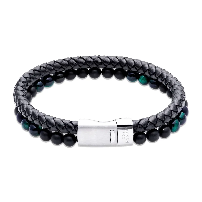 Ladies Bracelets with Fiery Opal-Unique & Co Black Malachite and Onyx Leather Bracelet