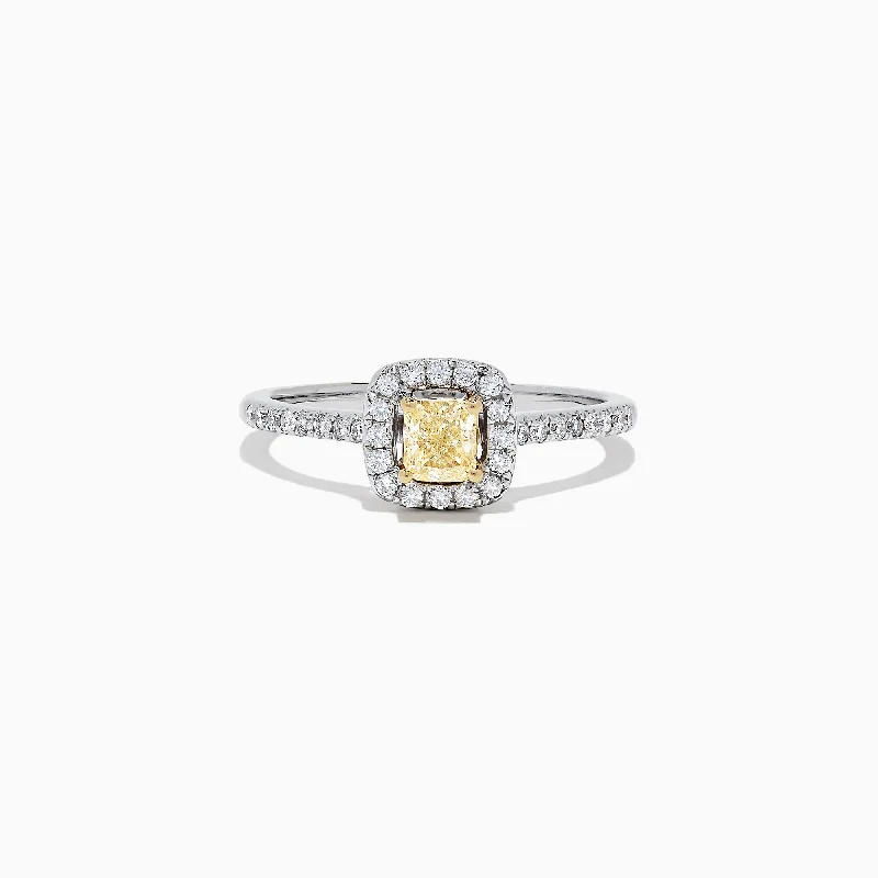 Adjustable Rings -Canare 18K Two-Tone Gold Cushion Halo Yellow Diamond Ring, 0.61 TCW