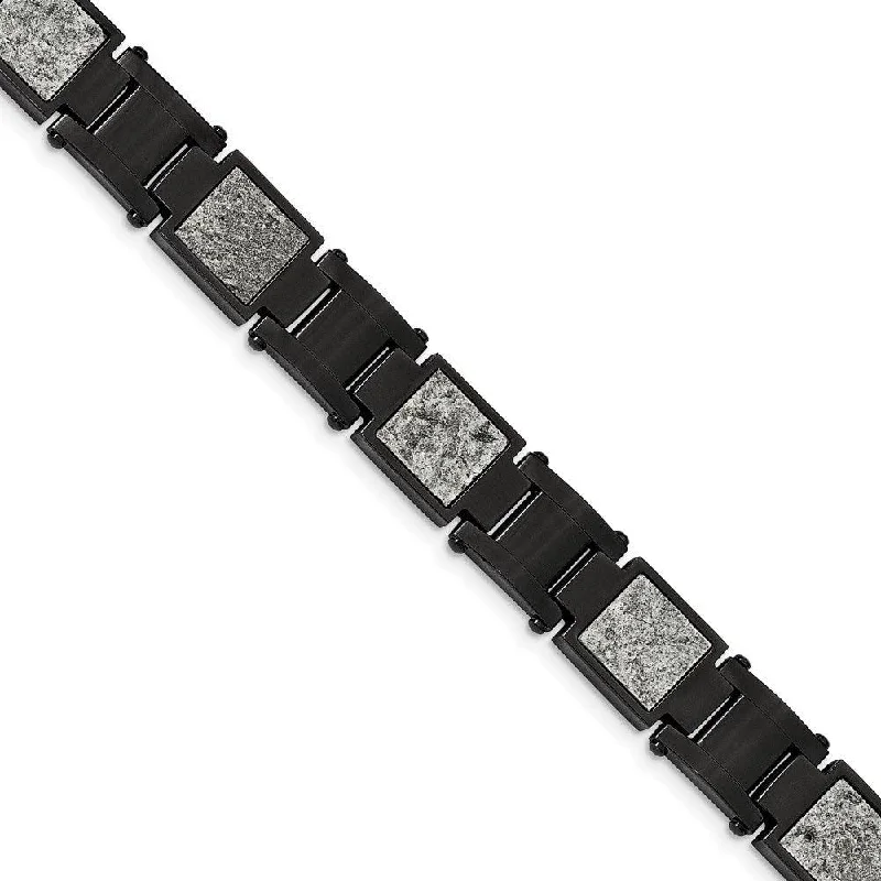 Ladies Bracelets for Grandmothers-Stainless Steel Polished Black IP w/Sedimentary Rock Inlay 8.5in Bracelet