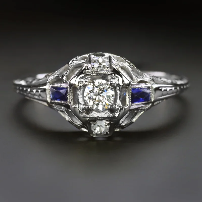 Empowerment Stone Engagement Rings -ART DECO DIAMOND SAPPHIRE ENGAGEMENT RING VINTAGE 18K WHITE GOLD FILIGREE 1920s